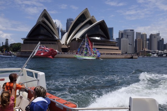 A yacht covered in Australian flags 