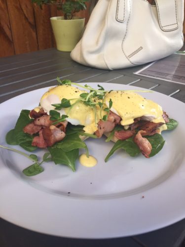 Eggs Benedict with bacon: $17.00