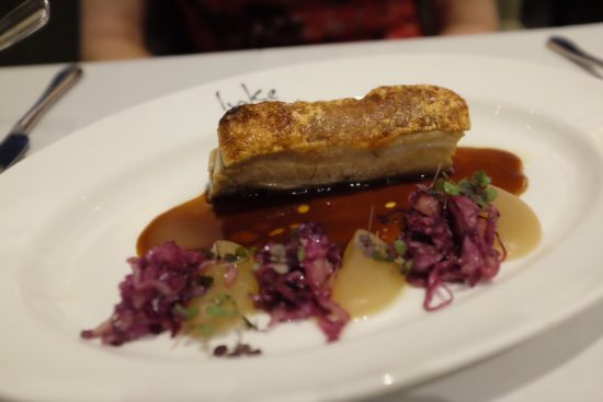 Twice cooked pork belly, braised red cabbage, smoked apple gel: $37.00